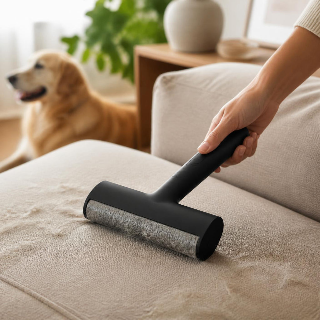 ChomChom Roller in use on a linen sofa