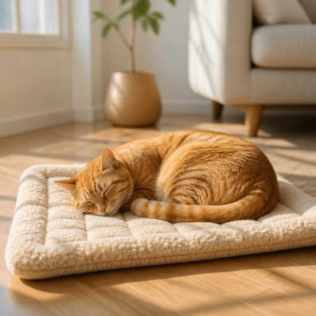 Cat curled up on the self-warming mat