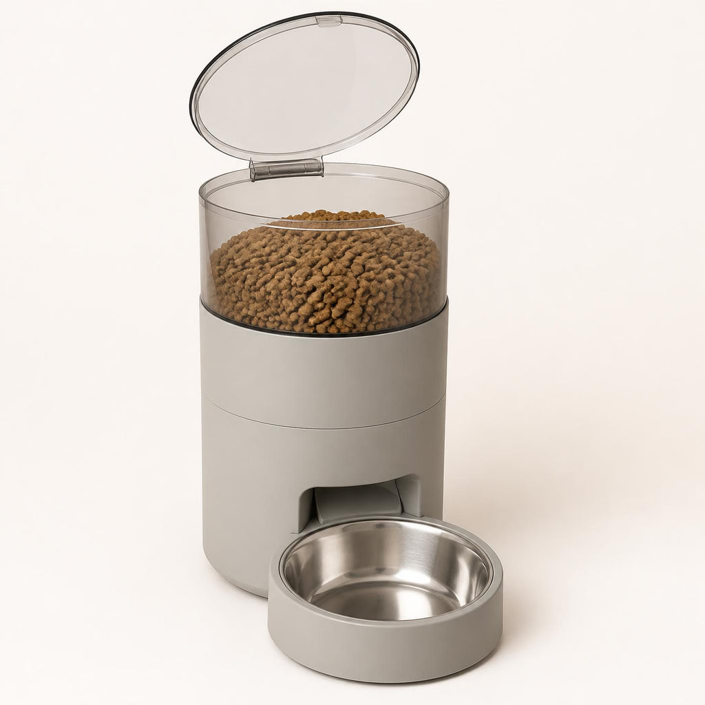 Automatic pet feeder in grey with the hopper open
