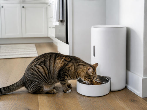 Cat eating from the automatic pet feeder