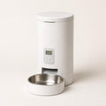 White automatic pet feeder with stainless steel bowl