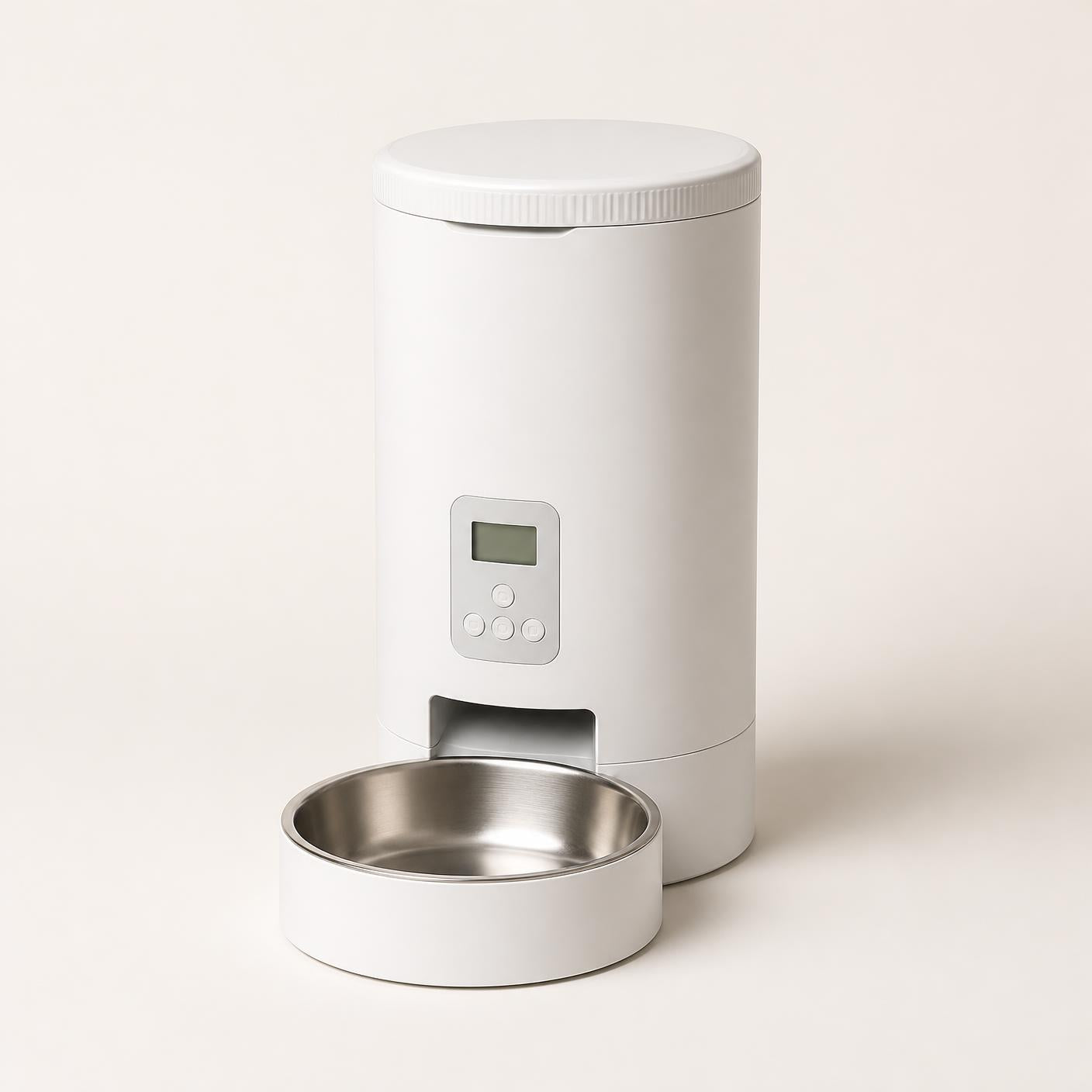 White automatic pet feeder with stainless steel bowl