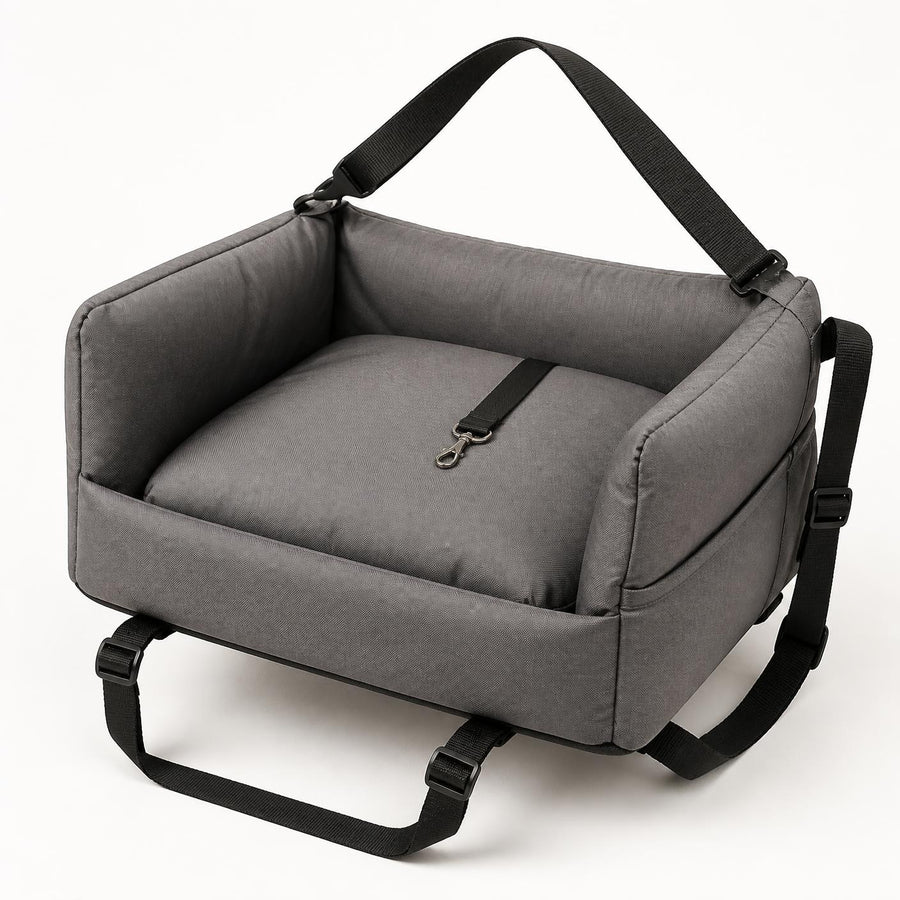 Grey elevated dog booster car seat