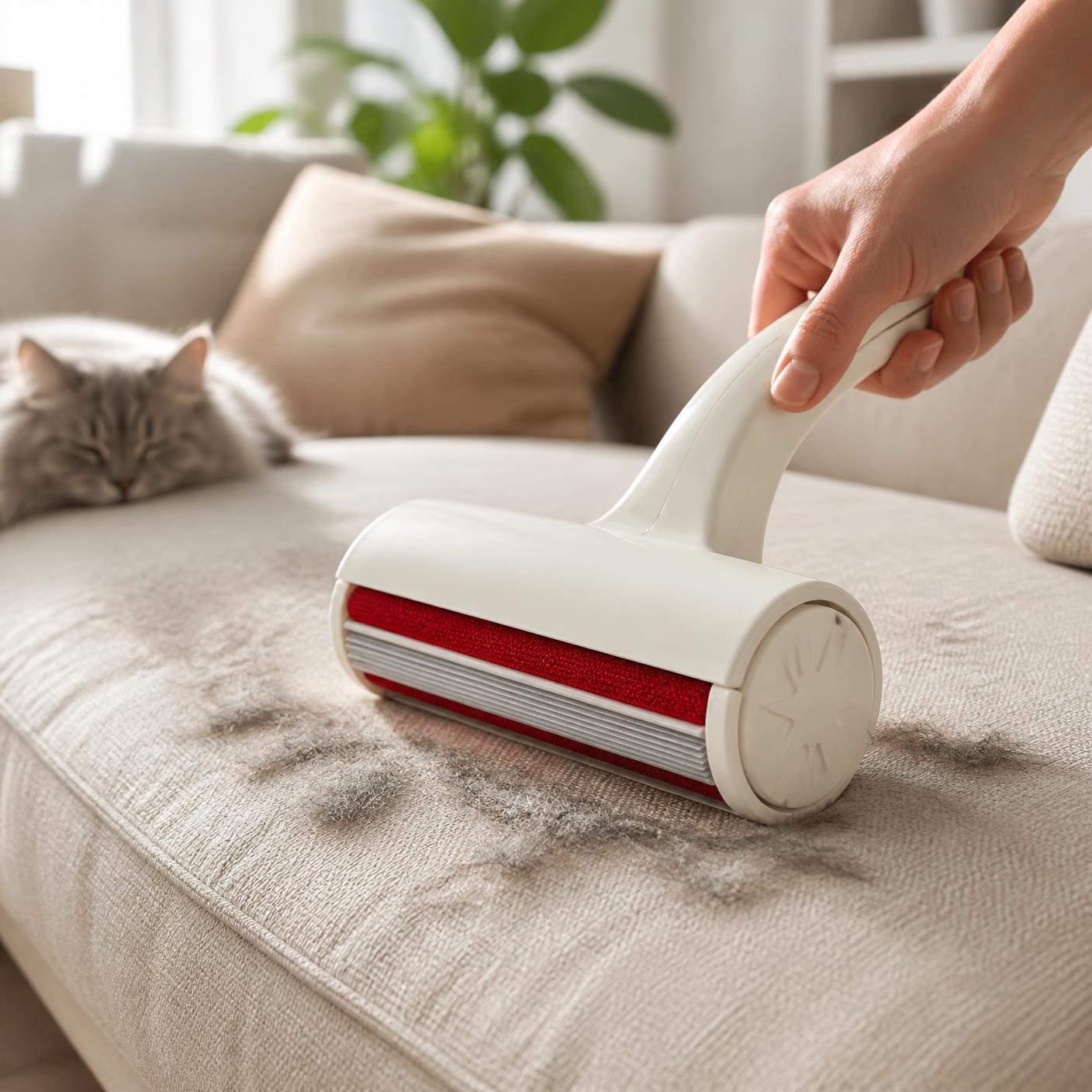 A hand rolling the Pet Hair Remover Roller across a beige linen sofa cushion to collect pet hair